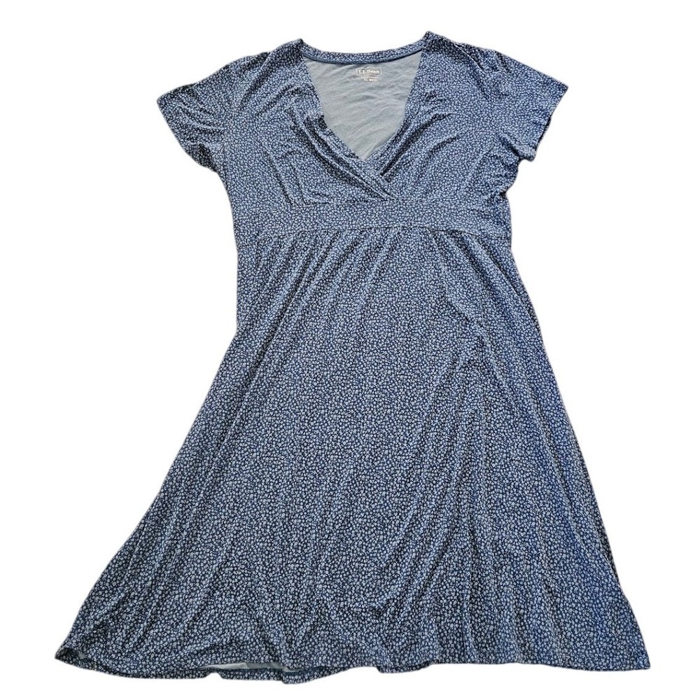 L.L. Bean Midi Dress Women XL Blue Floral Print V-neck Short Sleeve Cottage
